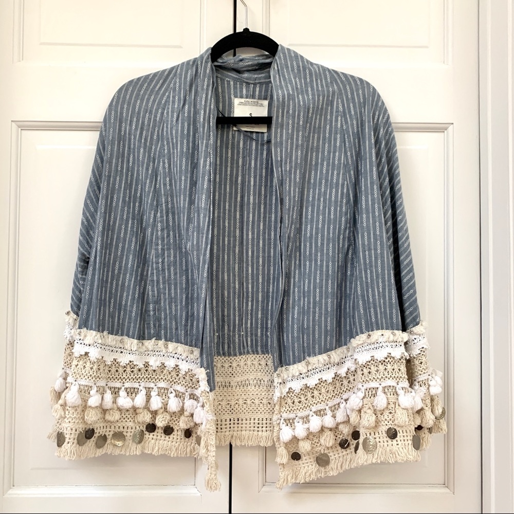 Zara Blue Pom Pom Kimono Style Jacket